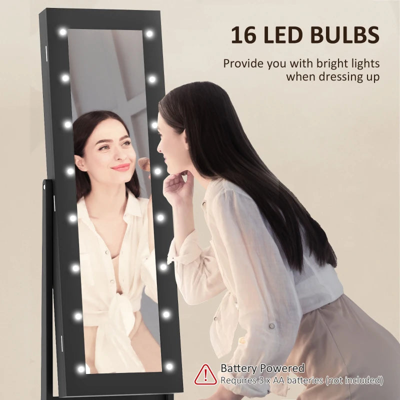 Free Standing Armoire Organizer, Lighted Mirrored Jewelry Cabinet w/ Angle Adjustable & 16 LED Lights Black