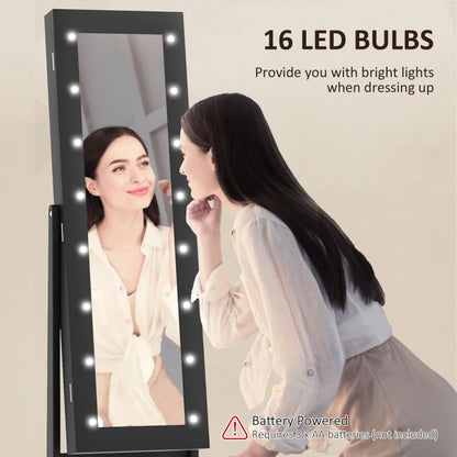 Free Standing Armoire Organizer, Lighted Mirrored Jewelry Cabinet w/ Angle Adjustable & 16 LED Lights Black