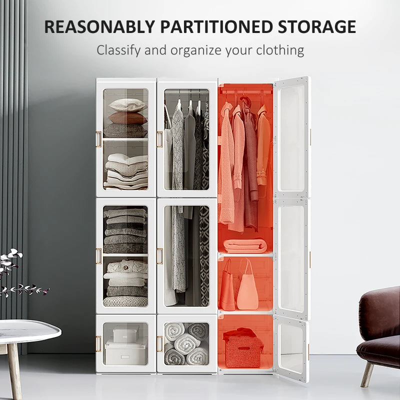 Small Apartment Bedroom Closet Foldable Portable Closet with Cube Storage Hanging Rods Magnet Doors, White