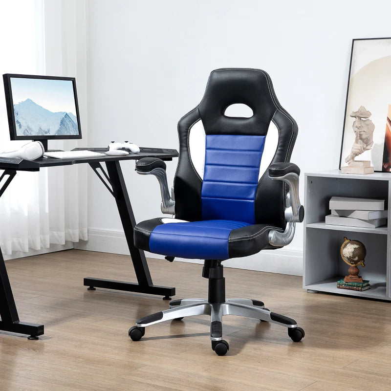 Racing Gaming Chair PU Leather Office Chair Executive Computer Desk Chair with Adjustable Height, Flip Up Armrest, Swivel Wheels, Blue