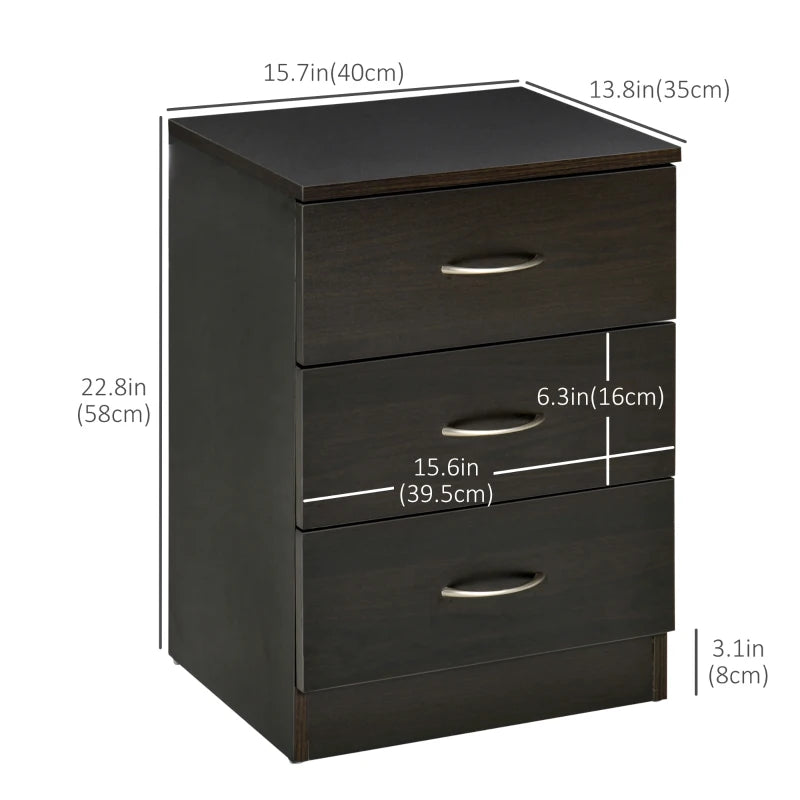 Bedside Table with 3 Drawers, Modern Wood Nightstand, Side Table with Anti-tipping Design for Bedroom, Set of 2, Dark Brown