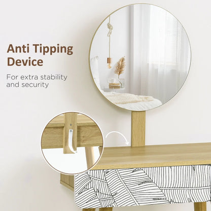 Vanity Table, Makeup Vanity with Drawer and Height Adjustable Mirror, Dressing Table with Wood Legs for Bedroom, Oak