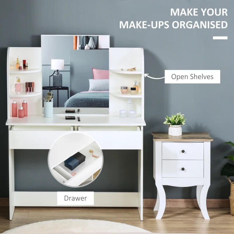 HOMCOM Vanity Table, Makeup Vanity with Open Shelves and Drawer, Dressing Table for Bedroom, White