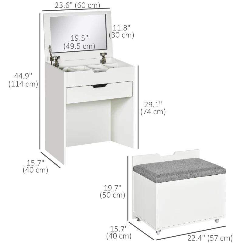 Vanity Set with Flip Top Mirror, Makeup Vanity Table with Stool, Dressing Table with Drawer and 7 Compartments, White