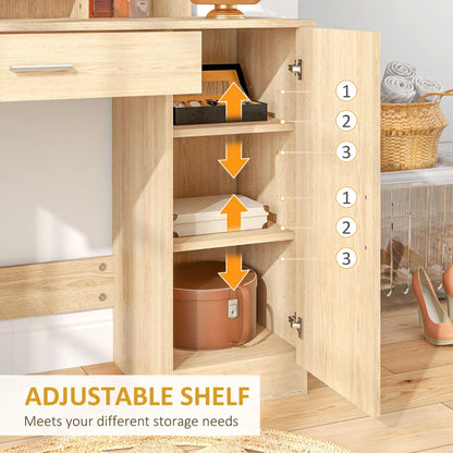 Vanity Desk with Mirror, Makeup Vanity w/ Drawer, Open Compartment and Shelves, Cabinet, Adjustable Shelves for Bedroom