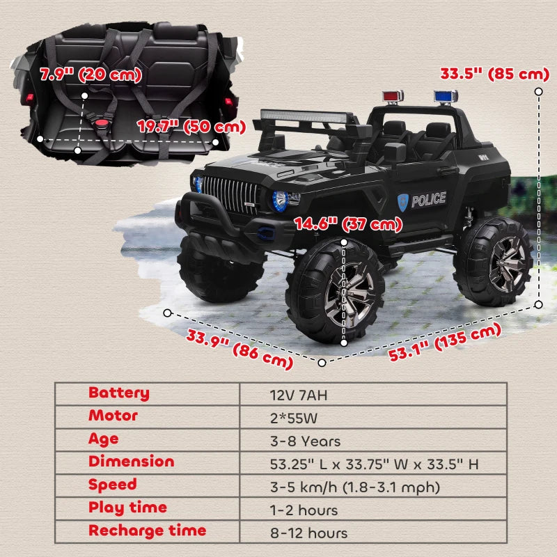 Kids 2 Seater Ride-On Car Police Truck Electric with LED Lights & MP3 for Kids