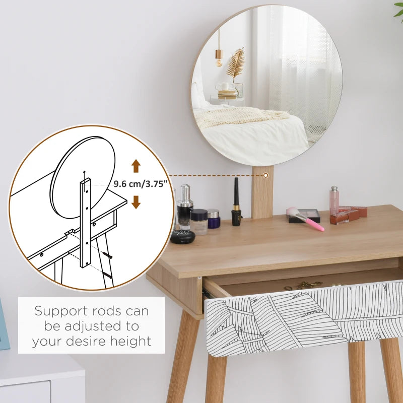 Vanity Table, Makeup Vanity with Drawer and Height Adjustable Mirror, Dressing Table with Wood Legs for Bedroom, Oak