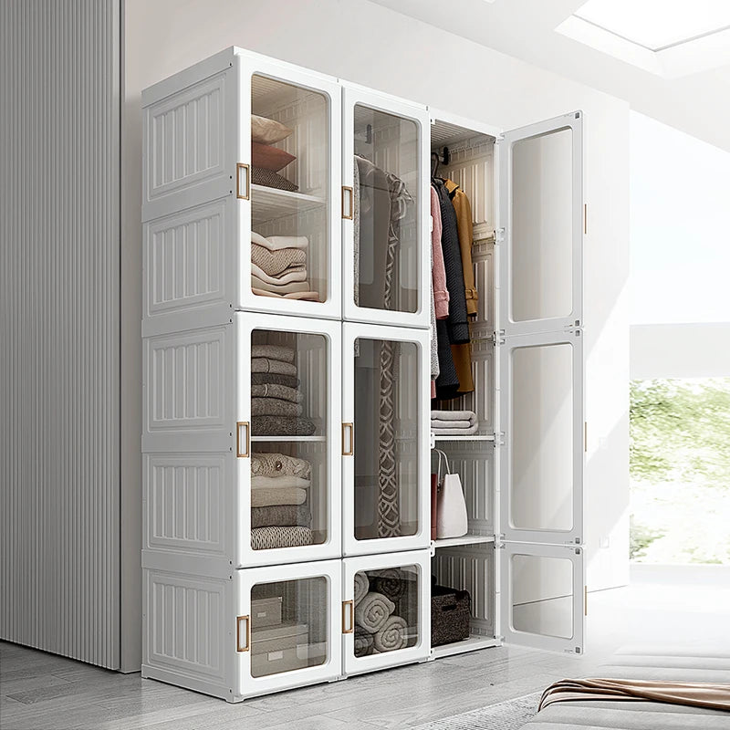 Small Apartment Bedroom Closet Foldable Portable Closet with Cube Storage Hanging Rods Magnet Doors, White