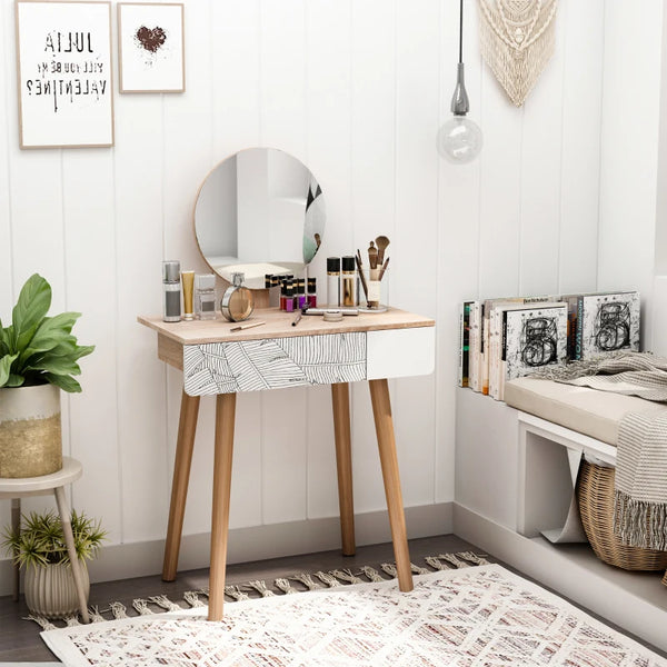 Vanity Table, Makeup Vanity with Drawer and Height Adjustable Mirror, Dressing Table with Wood Legs for Bedroom, Oak