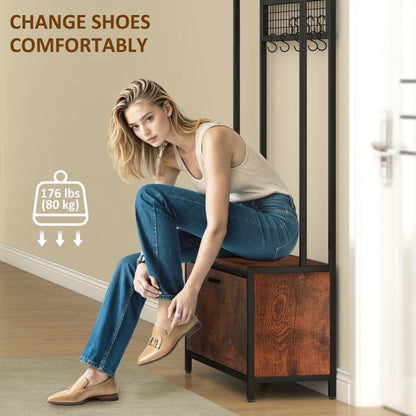 5-In-1 Coat Rack Shoe Bench, Hall Tree with Bench, Shoe Cabinet, 10 Hooks for Hallway, Mud Room, Rustic Brown