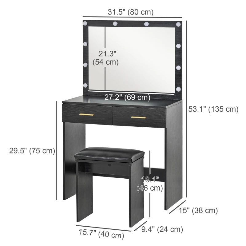 Makeup Vanity Table Set with Stool, Dressing Table with LED Lighting Mirror, Drawers, for Bedroom, Black