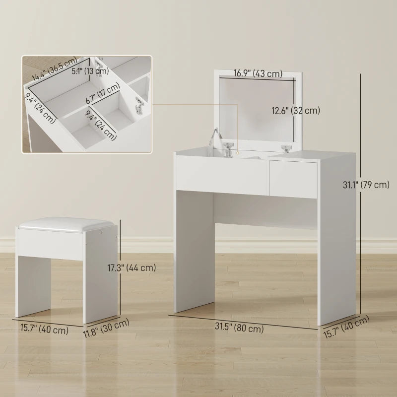 Modern Vanity Set with Flip Top Mirror and Cushioned Stool, Dressing Table with Storage Drawer for Bedroom, White