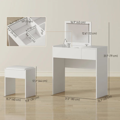 Modern Vanity Set with Flip Top Mirror and Cushioned Stool, Dressing Table with Storage Drawer for Bedroom, White