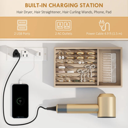 Vanity Desk with Mirror and 12 LED Lights, Makeup Table w/ Power Outlet, 3 Light Colour, 6 Drawers and 2 Shelves, White