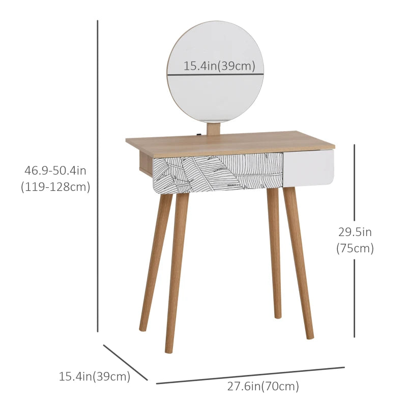 Vanity Table, Makeup Vanity with Drawer and Height Adjustable Mirror, Dressing Table with Wood Legs for Bedroom, Oak