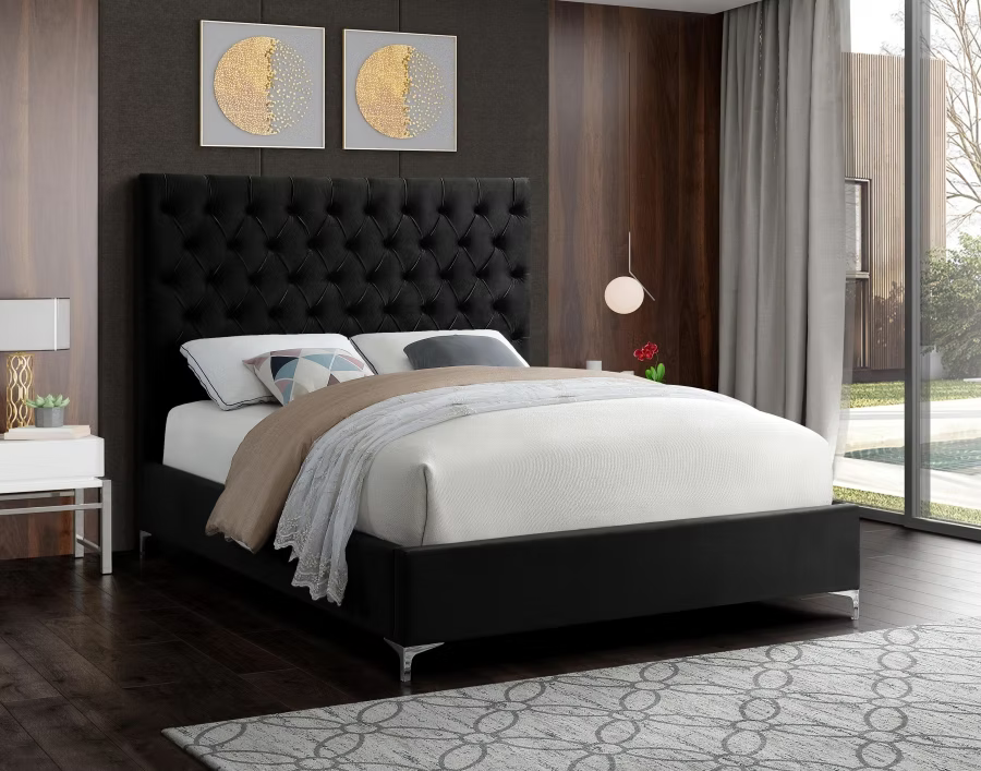 Button tufted Creme Velvet Fabric Bed With Gold/Chrome legs (NS-5642)