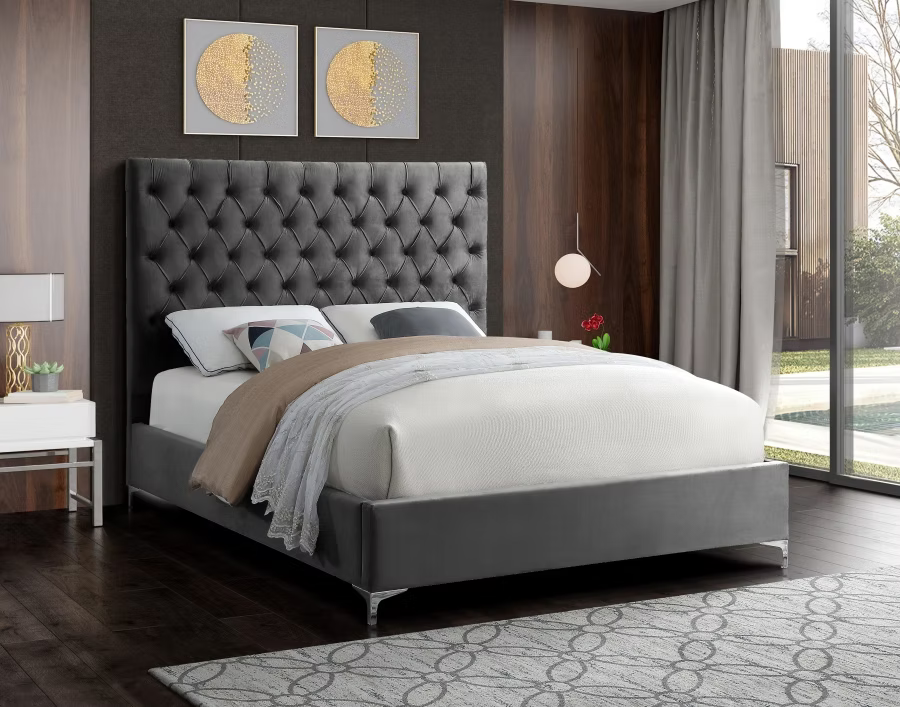 Button tufted Creme Velvet Fabric Bed With Gold/Chrome legs (NS-5642)