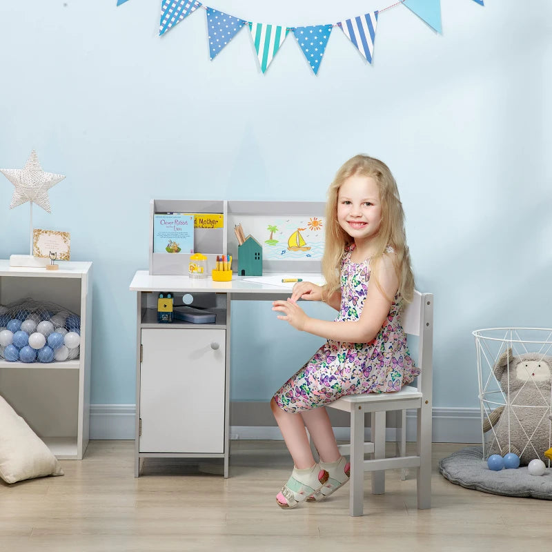 Qaba 2Pcs Kids Desk and Chair Set with Whiteboard, Storage, Shelves, Grey