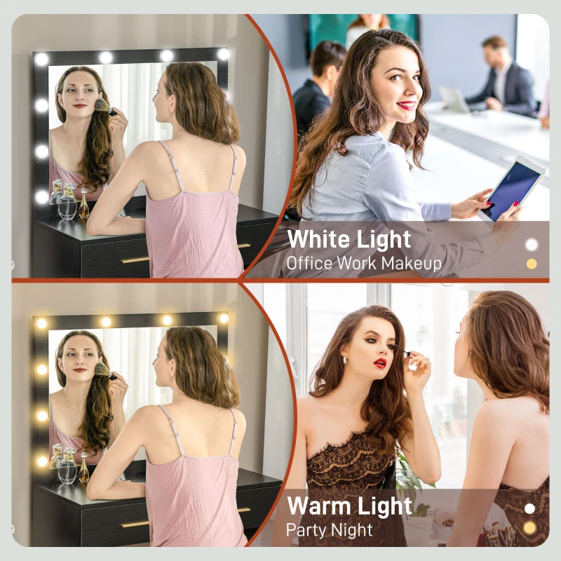 Makeup Vanity Table Set with Stool, Dressing Table with LED Lighting Mirror, Drawers, for Bedroom, Black