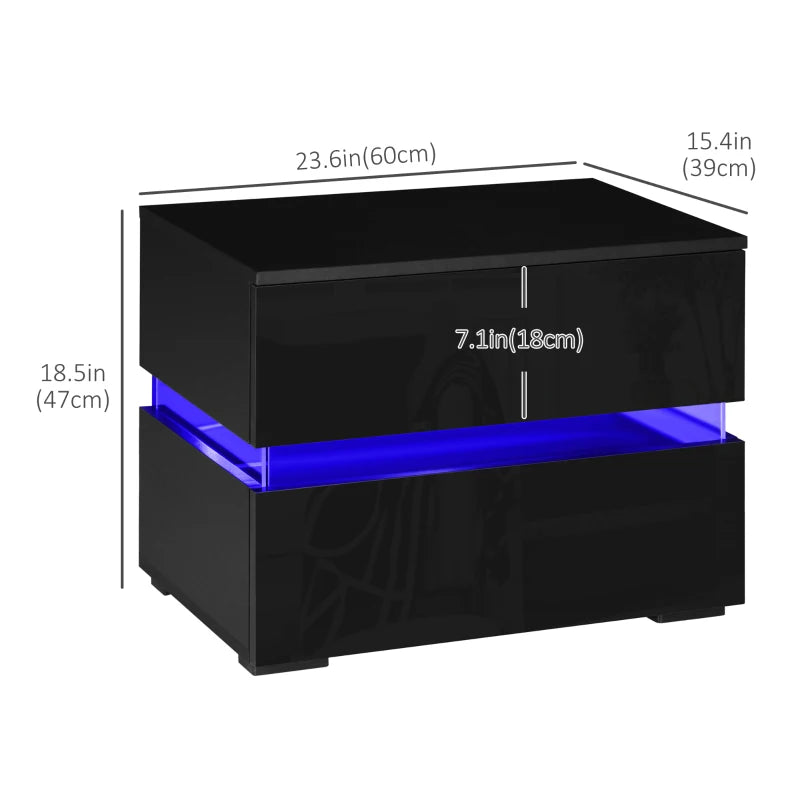 Modern Nightstand, Bedside Table with 2 Drawers, USB Powered RGB LED Lights for Bedroom, Black