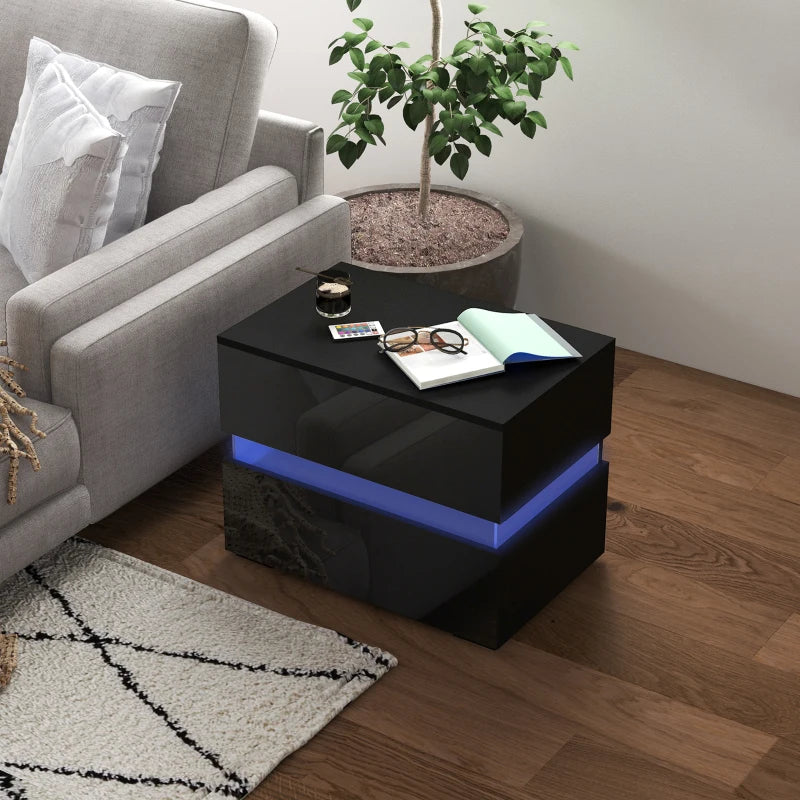 Modern Nightstand, Bedside Table with 2 Drawers, USB Powered RGB LED Lights for Bedroom, Black