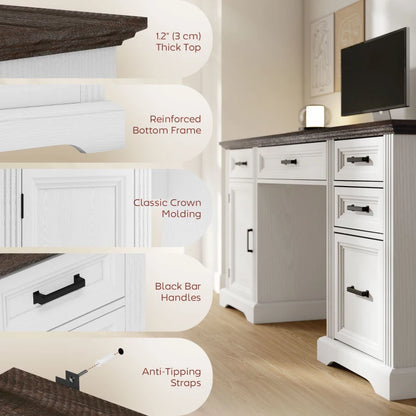58" Home Office Desk with Soft-Close Drawers, Farmhouse Executive Desk with File Drawer for Letter Size, White