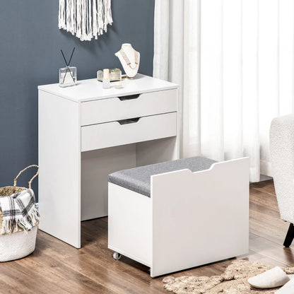 Vanity Set with Flip Top Mirror, Makeup Vanity Table with Stool, Dressing Table with Drawer and 7 Compartments, White