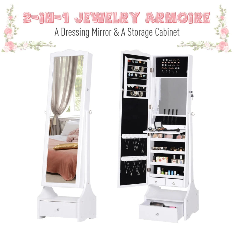 Standing Jewelry Cabinet Organizer Jewelry Armoire with LED Lights, Full Length Mirror, Adjustable Angle, White