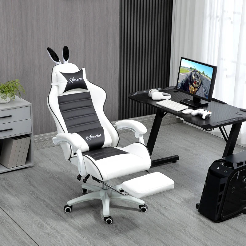 Cute Racing Gamer Chair, PU Leather Gaming Chair with Footrest, Headrest and Lumbar Support, Black