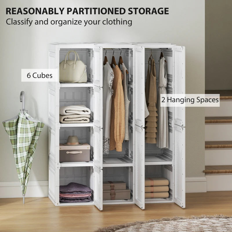 Portable Wardrobe, Foldable Plastic Closet with 8 Compartments, 2 Hanging Rods and Magnetic Doors, White