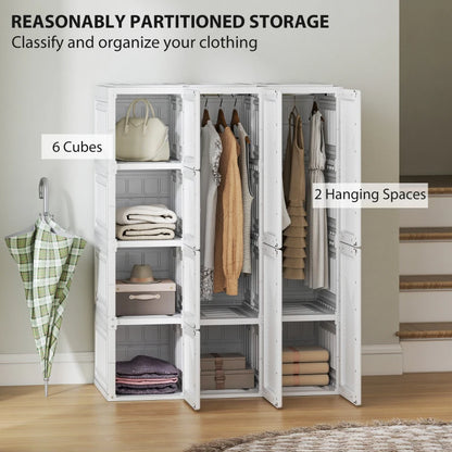 Portable Wardrobe, Foldable Plastic Closet with 8 Compartments, 2 Hanging Rods and Magnetic Doors, White