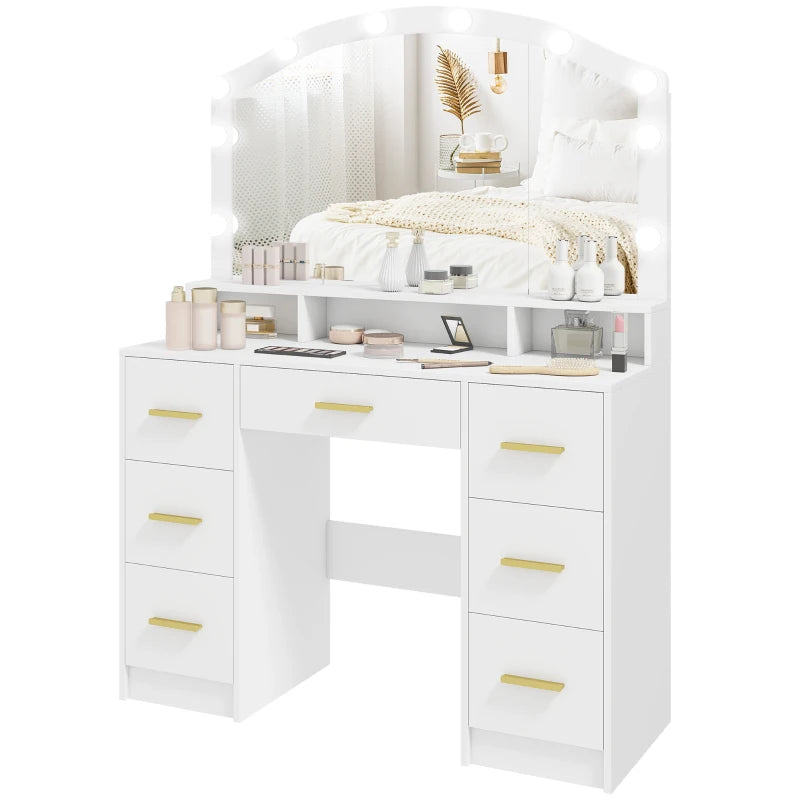 Makeup Vanity with Mirror and 10 LED Lights, 3 Colour Adjustable, Dressing Table with 7 Drawers, 3 Compartments, White