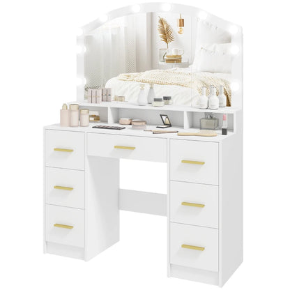 Makeup Vanity with Mirror and 10 LED Lights, 3 Colour Adjustable, Dressing Table with 7 Drawers, 3 Compartments, White