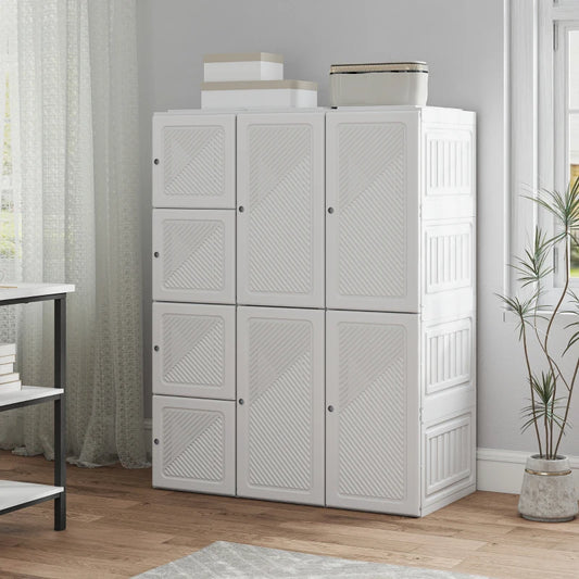 Portable Wardrobe, Foldable Plastic Closet with 8 Compartments, 2 Hanging Rods and Magnetic Doors, White