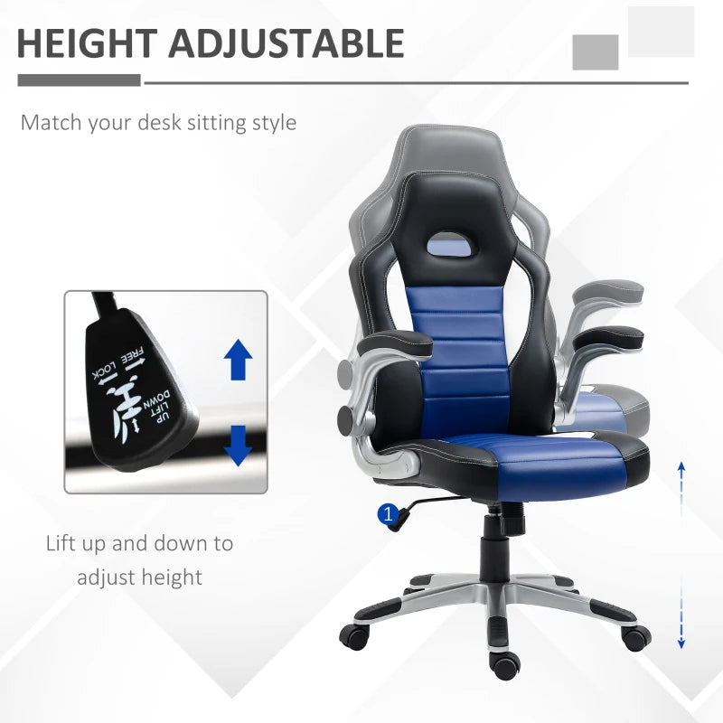 Racing Gaming Chair PU Leather Office Chair Executive Computer Desk Chair with Adjustable Height, Flip Up Armrest, Swivel Wheels, Blue