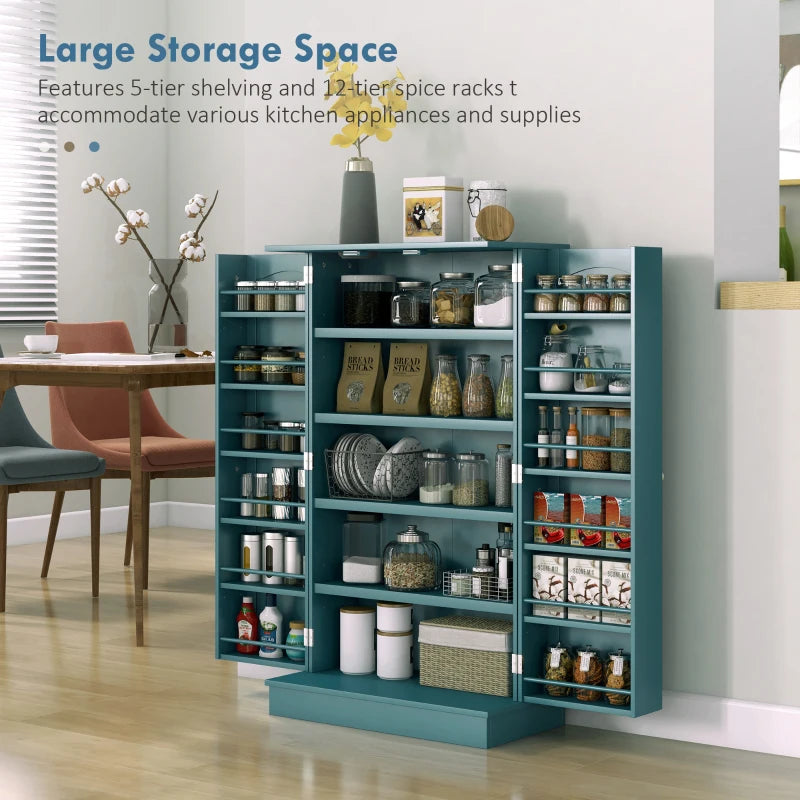 41" Storage Cabinet, 2-Door Kitchen Pantry Cabinet with 5-tier Shelving, 12 Spice Racks, Adjustable Shelves, Teal Blue