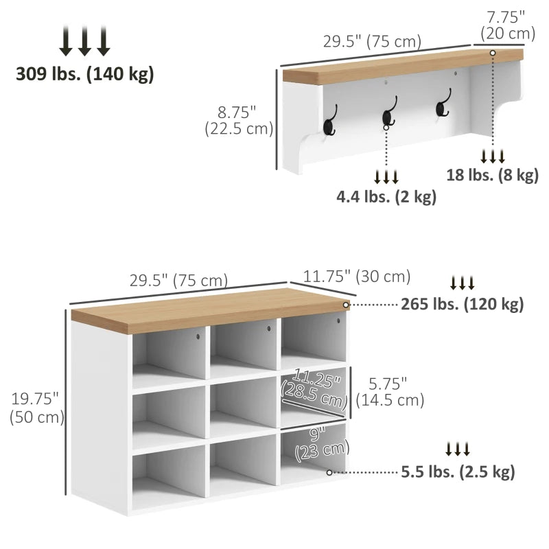 2-in-1 Hall Tree, 5-Hook Coat Rack Shoe Bench Set w/ Bench and Shoe Storage for Entryway, Hallway, White