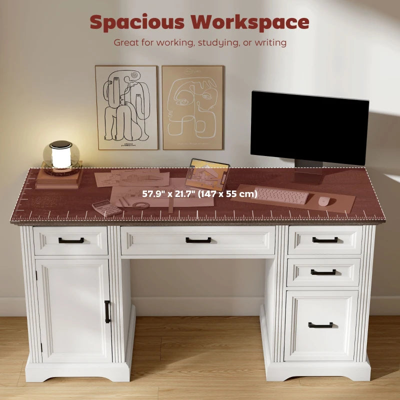 58" Home Office Desk with Soft-Close Drawers, Farmhouse Executive Desk with File Drawer for Letter Size, White