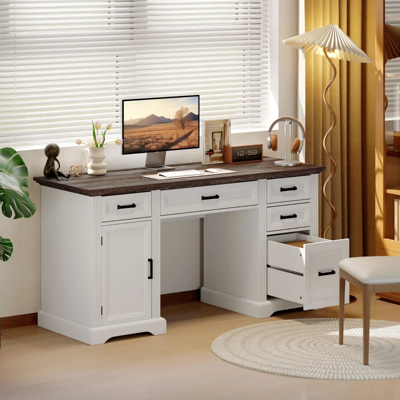 58" Home Office Desk with Soft-Close Drawers, Farmhouse Executive Desk with File Drawer for Letter Size, White