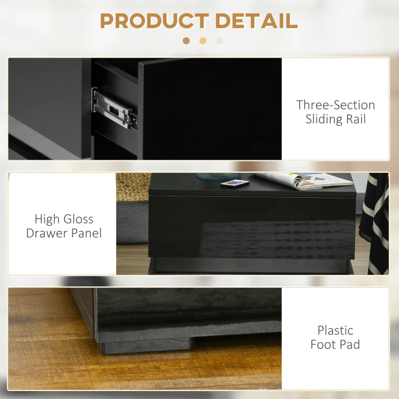 Modern Nightstand, Bedside Table with 2 Drawers, USB Powered RGB LED Lights for Bedroom, Black