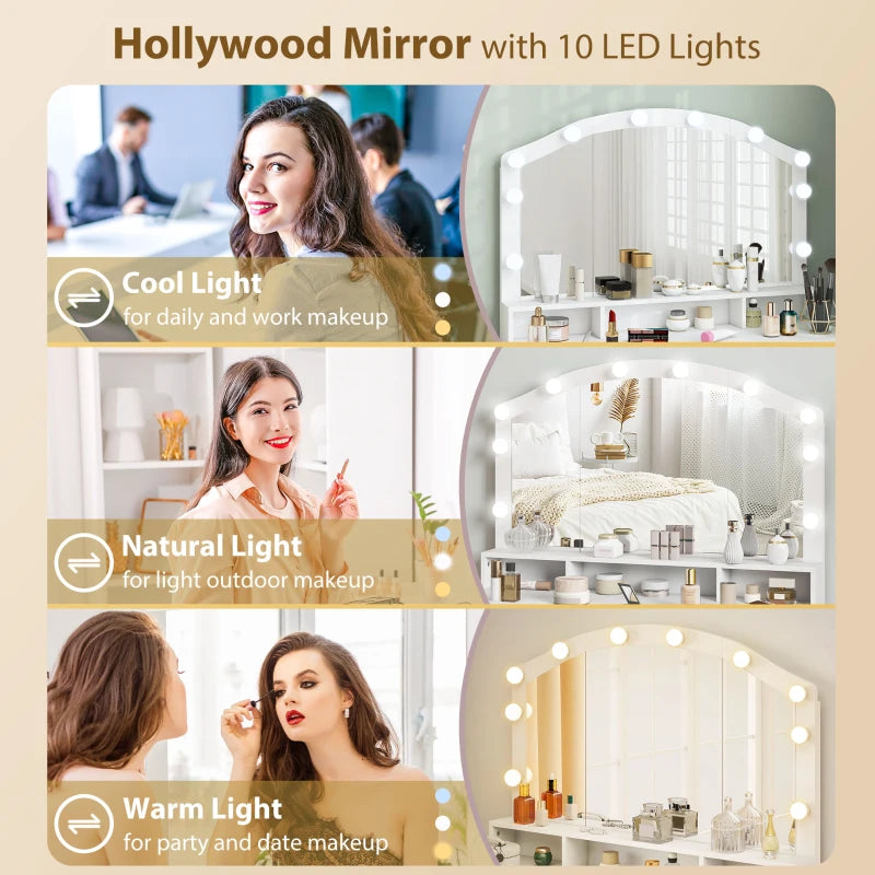 Makeup Vanity with Mirror and 10 LED Lights, 3 Colour Adjustable, Dressing Table with 7 Drawers, 3 Compartments, White