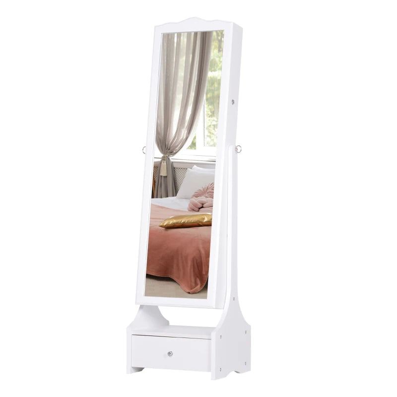 Standing Jewelry Cabinet Organizer Jewelry Armoire with LED Lights, Full Length Mirror, Adjustable Angle, White