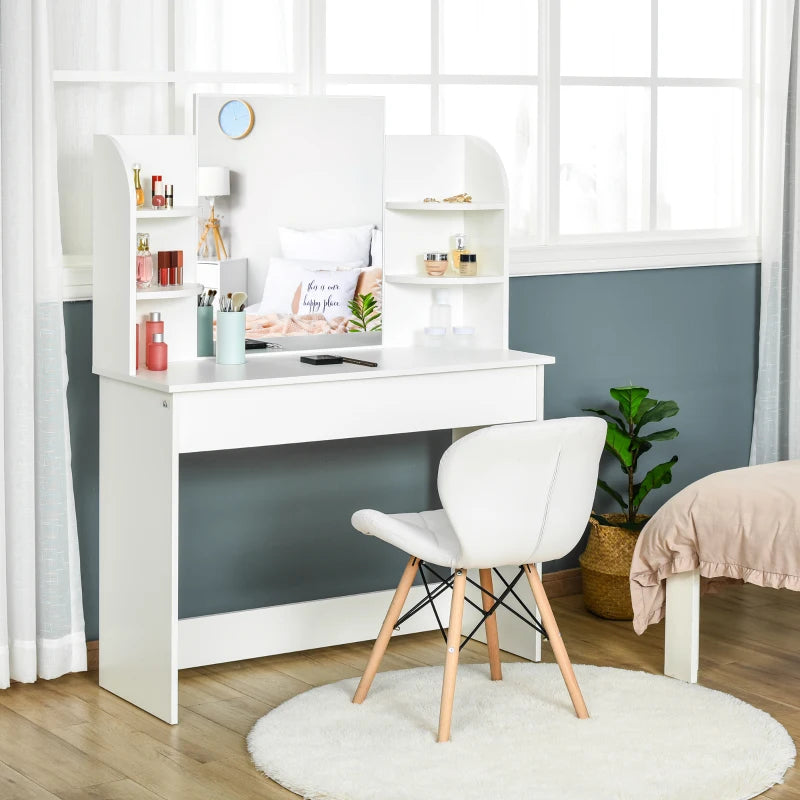 HOMCOM Vanity Table, Makeup Vanity with Open Shelves and Drawer, Dressing Table for Bedroom, White