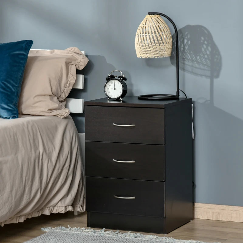 Bedside Table with 3 Drawers, Modern Wood Nightstand, Side Table with Anti-tipping Design for Bedroom, Set of 2, Dark Brown