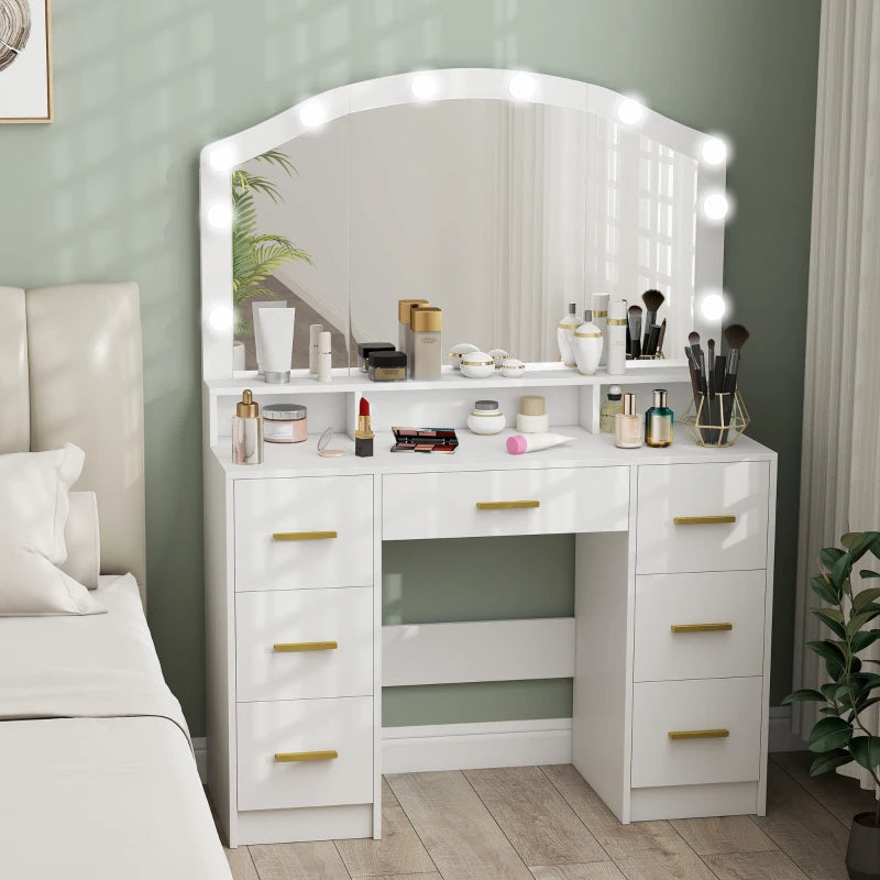 Makeup Vanity with Mirror and 10 LED Lights, 3 Colour Adjustable, Dressing Table with 7 Drawers, 3 Compartments, White
