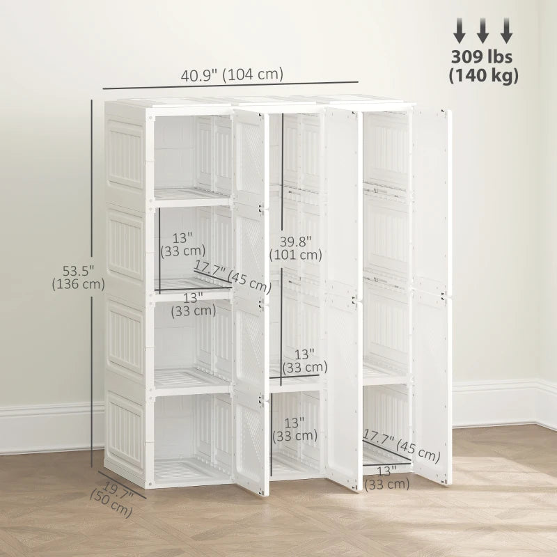 Portable Wardrobe, Foldable Plastic Closet with 8 Compartments, 2 Hanging Rods and Magnetic Doors, White