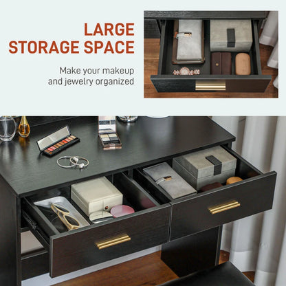 Makeup Vanity Table Set with Stool, Dressing Table with LED Lighting Mirror, Drawers, for Bedroom, Black