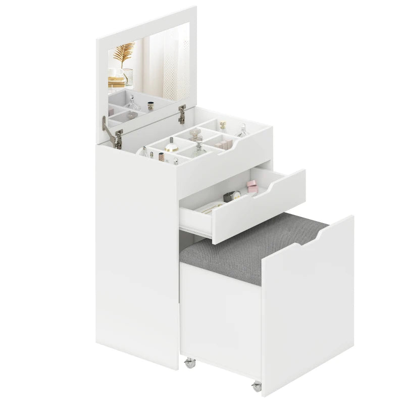 Vanity Set with Flip Top Mirror, Makeup Vanity Table with Stool, Dressing Table with Drawer and 7 Compartments, White