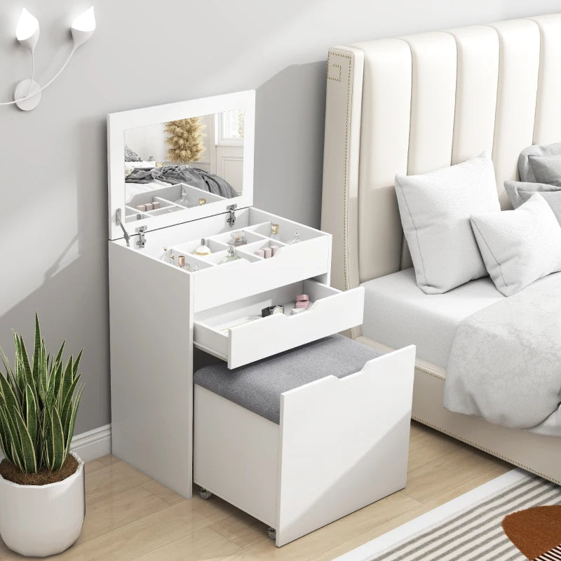 Vanity Set with Flip Top Mirror, Makeup Vanity Table with Stool, Dressing Table with Drawer and 7 Compartments, White