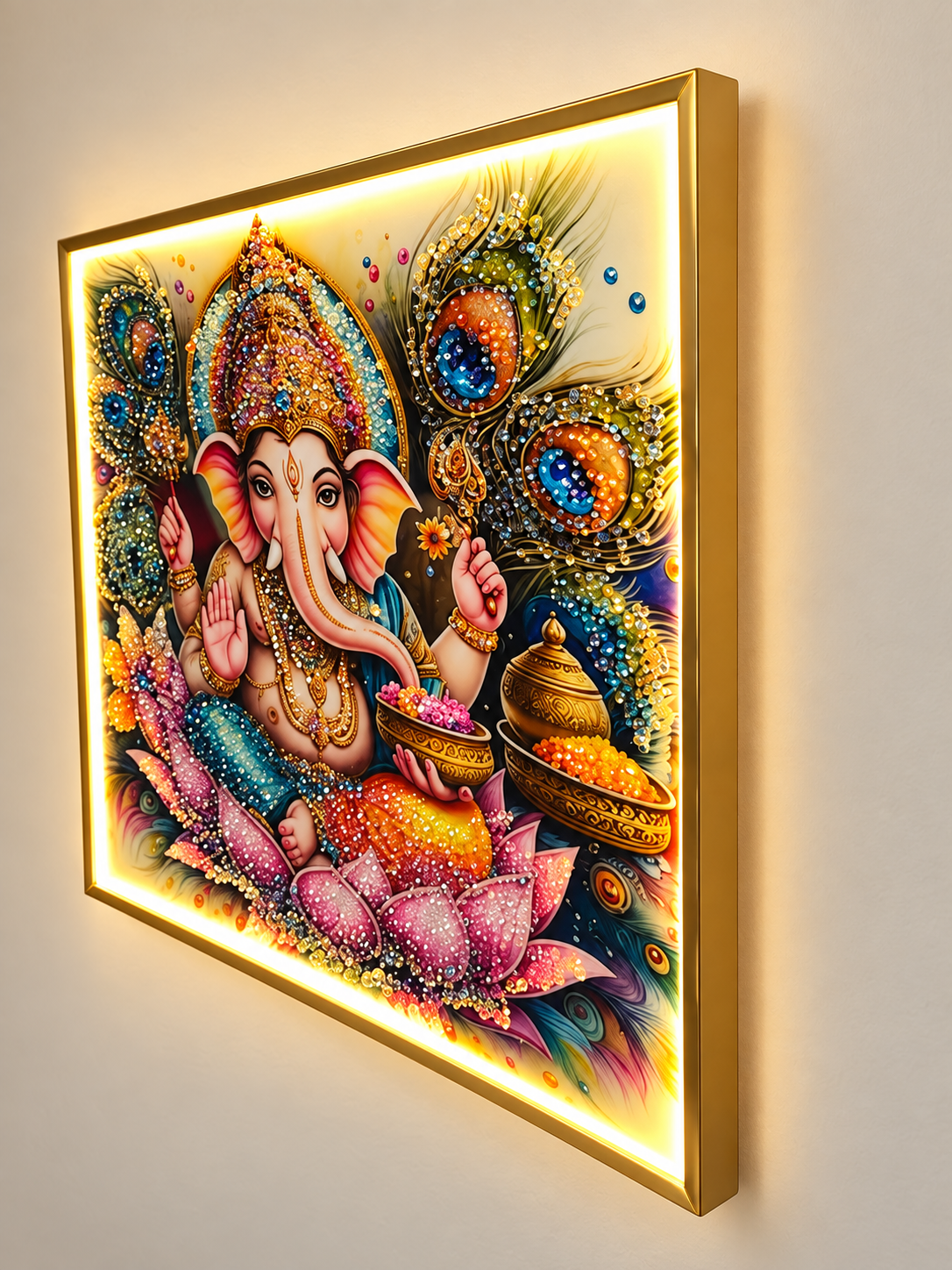 Ganesh crystal porcelain LED wall art — angle